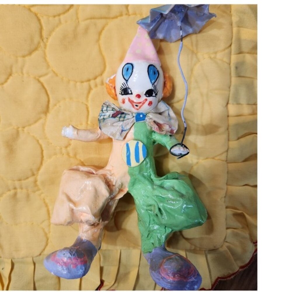 Vintage‎ paper mache Hand Painted Clown Figurine Circus Folk Art Kitschy Decor